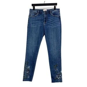 Driftwood Jackie Embroidered Ankle Jeans Sz 32 Floral Raw Hem Mid Rise Boho